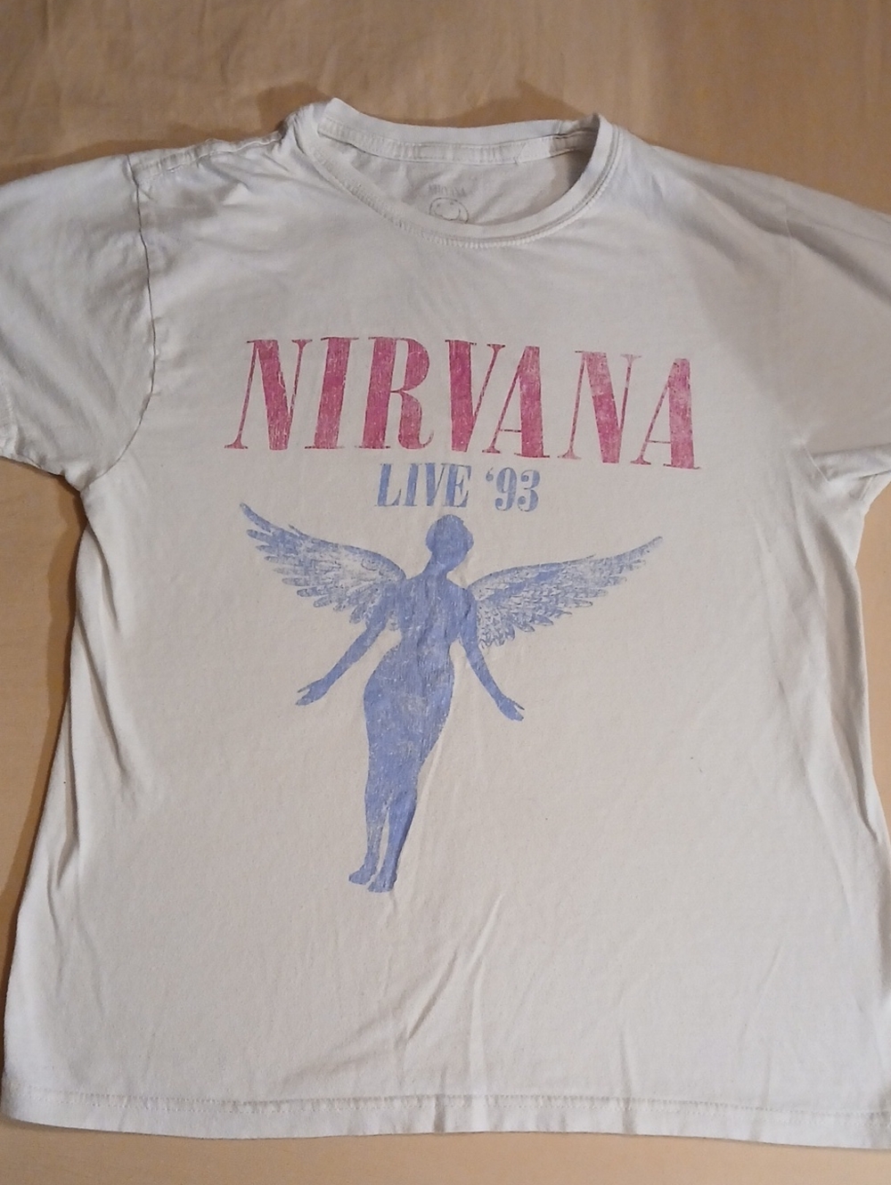 NIRVANA Live 93 White Tee with Pink Logo & Blue Angel Graphic